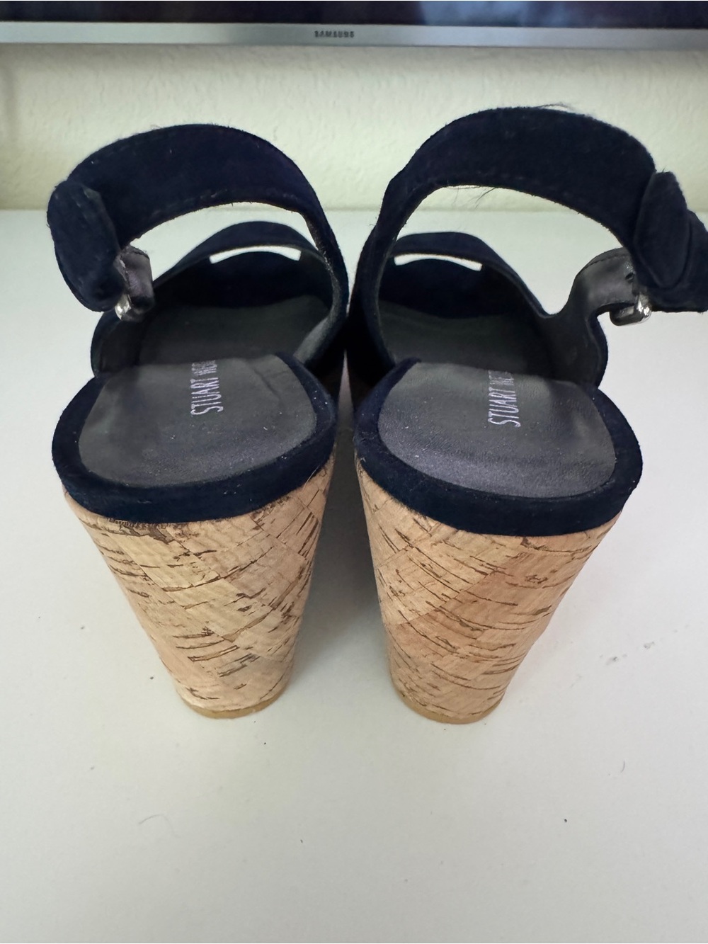 Stuart Weitzman Navy Suede Cork Wedge Slingbacks - Picture 3 of 3